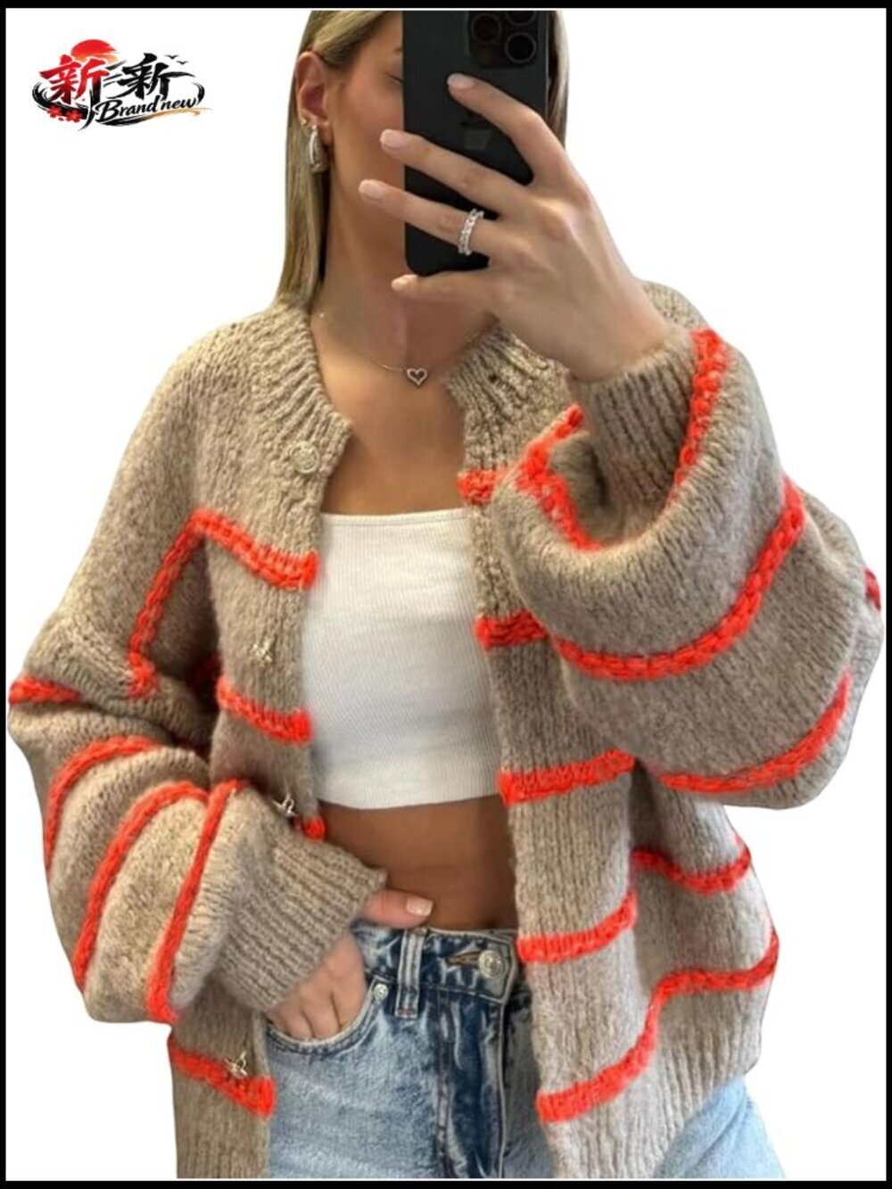Striped Cardigan Sweater Crewneck Button Down Long Sleeve Knit Oversized Fall